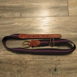 J Crew Mens Webbed Belt 32 Brass Buckle Navy Blue Stripe Brown Slider Preppy NWT